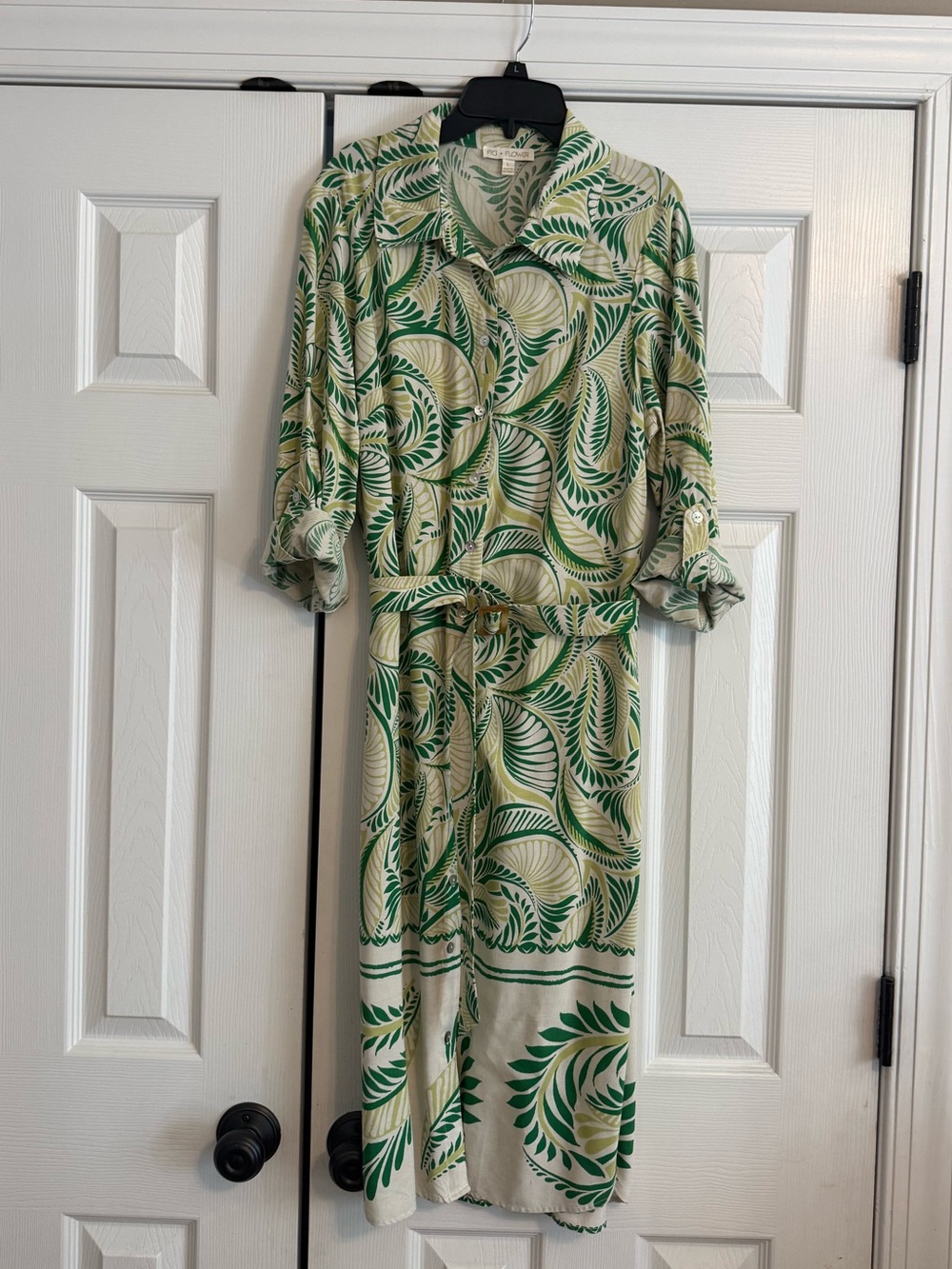 Anthropologie Fig and Flower Midi Shirt Dress Tropical Leaf Sz L
